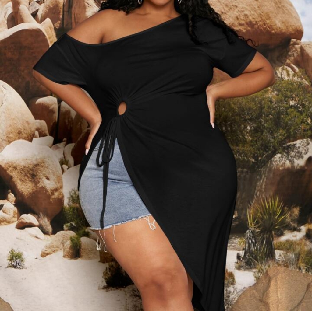 Off Shoulder O-Ring Drawstring Front Tee